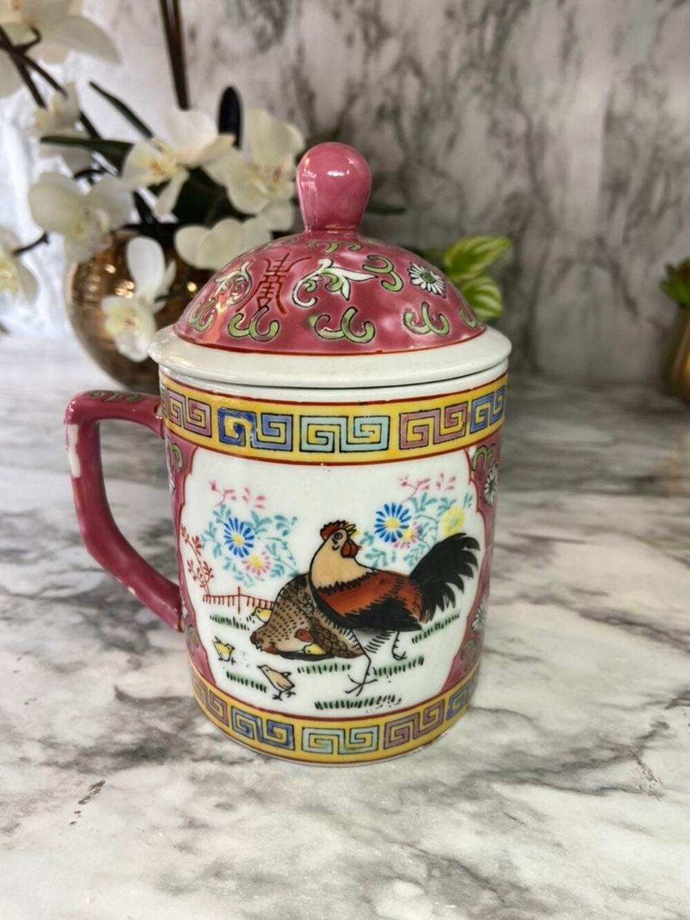 Vintage Pink Chinese Hand Painted Mug with Lid